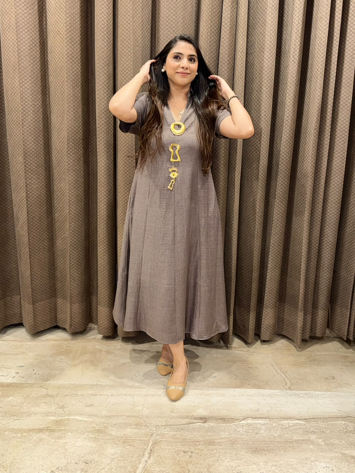 Smart Grey Midi dress with golden brooches & pockets