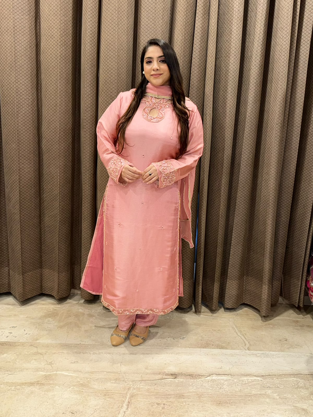 Luxury Pink Straight suit set with designer neck and handwork