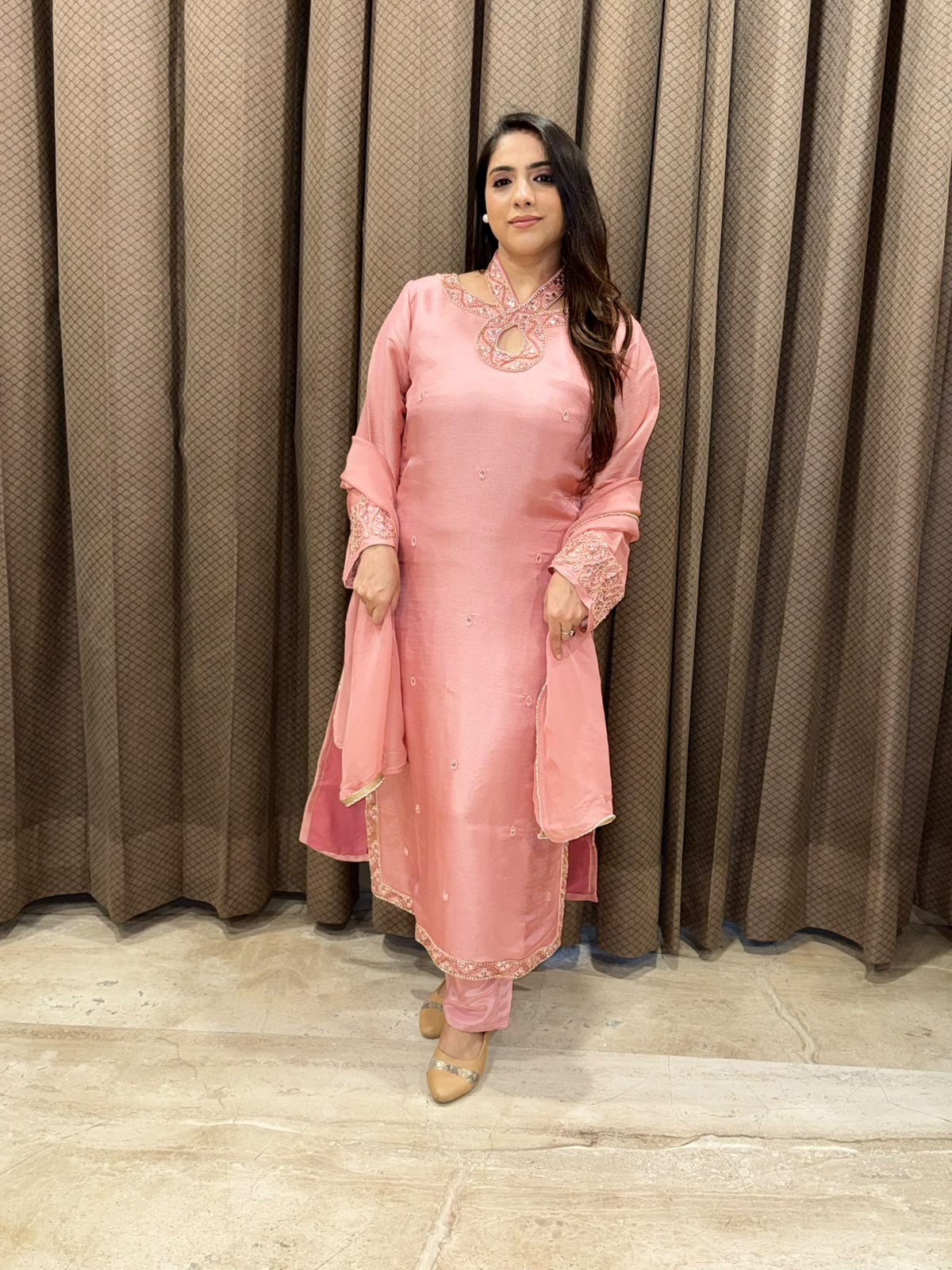 Luxury Pink Straight suit set with designer neck and handwork