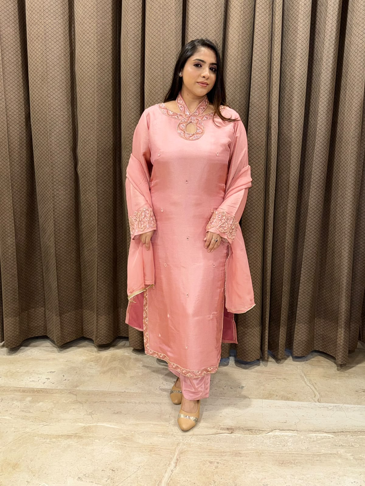Luxury Pink Straight suit set with designer neck and handwork