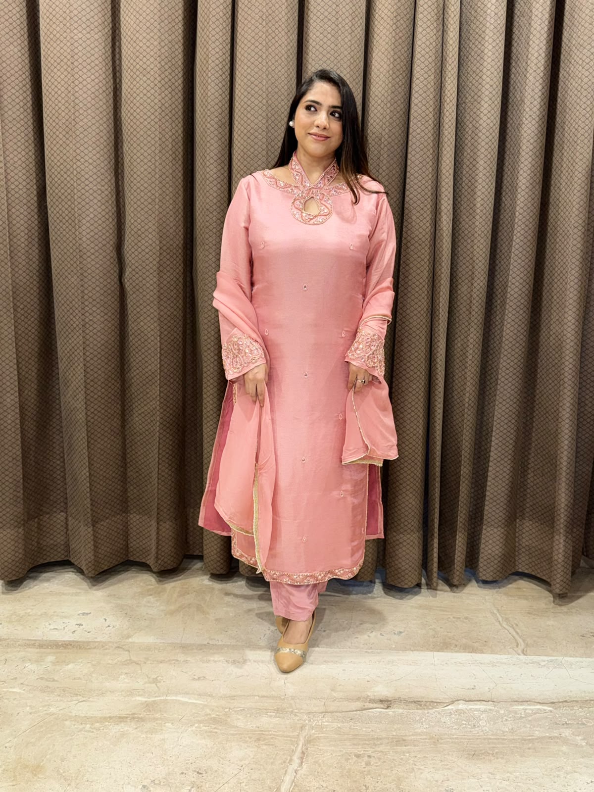 Luxury Pink Straight suit set with designer neck and handwork