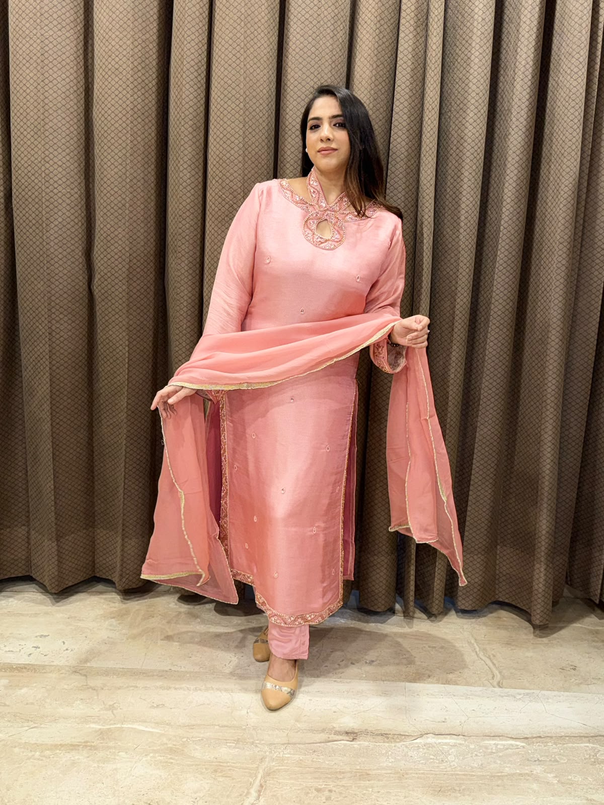 Luxury Pink Straight suit set with designer neck and handwork
