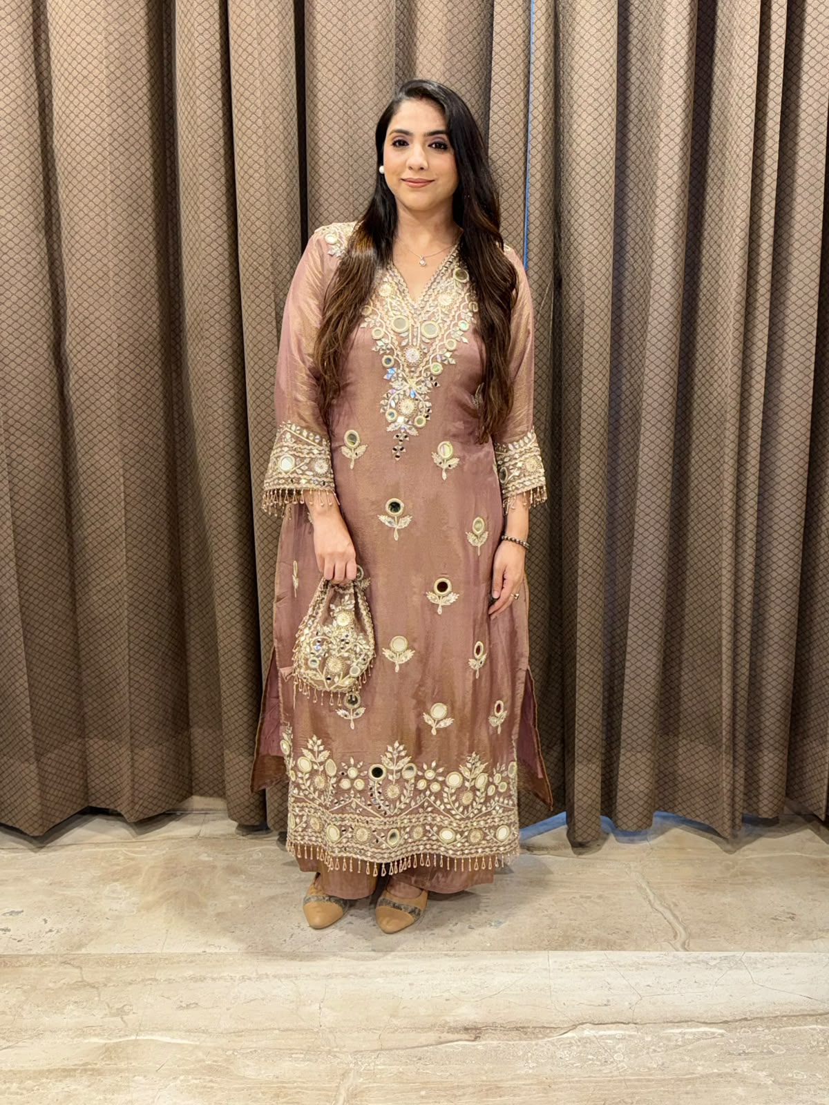 Designer Brown Long dress with potli and mirror handwork