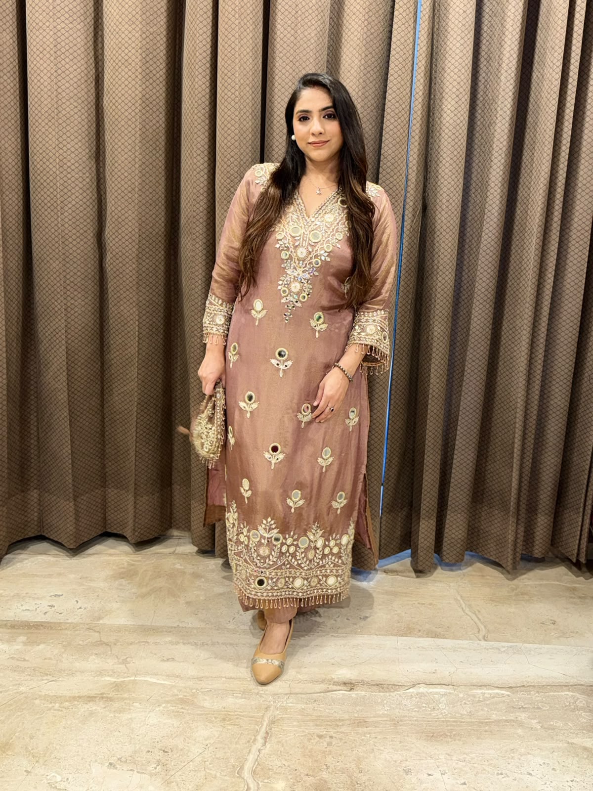 Designer Brown Long dress with potli and mirror handwork