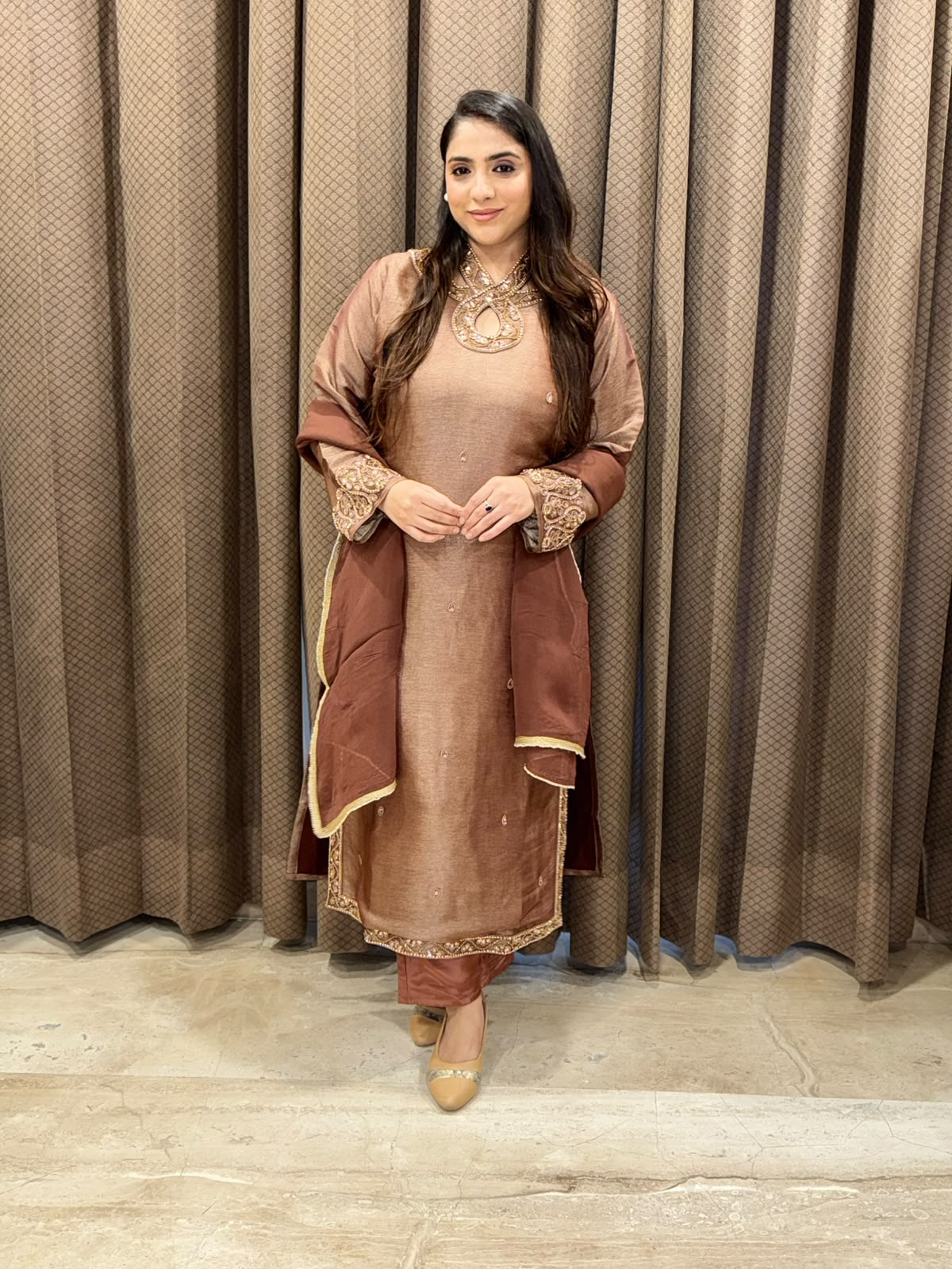 Luxurious Brown Straight suit set with designer neck and handwork