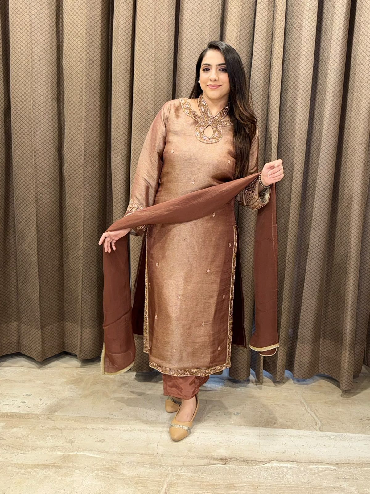 Luxurious Brown Straight suit set with designer neck and handwork
