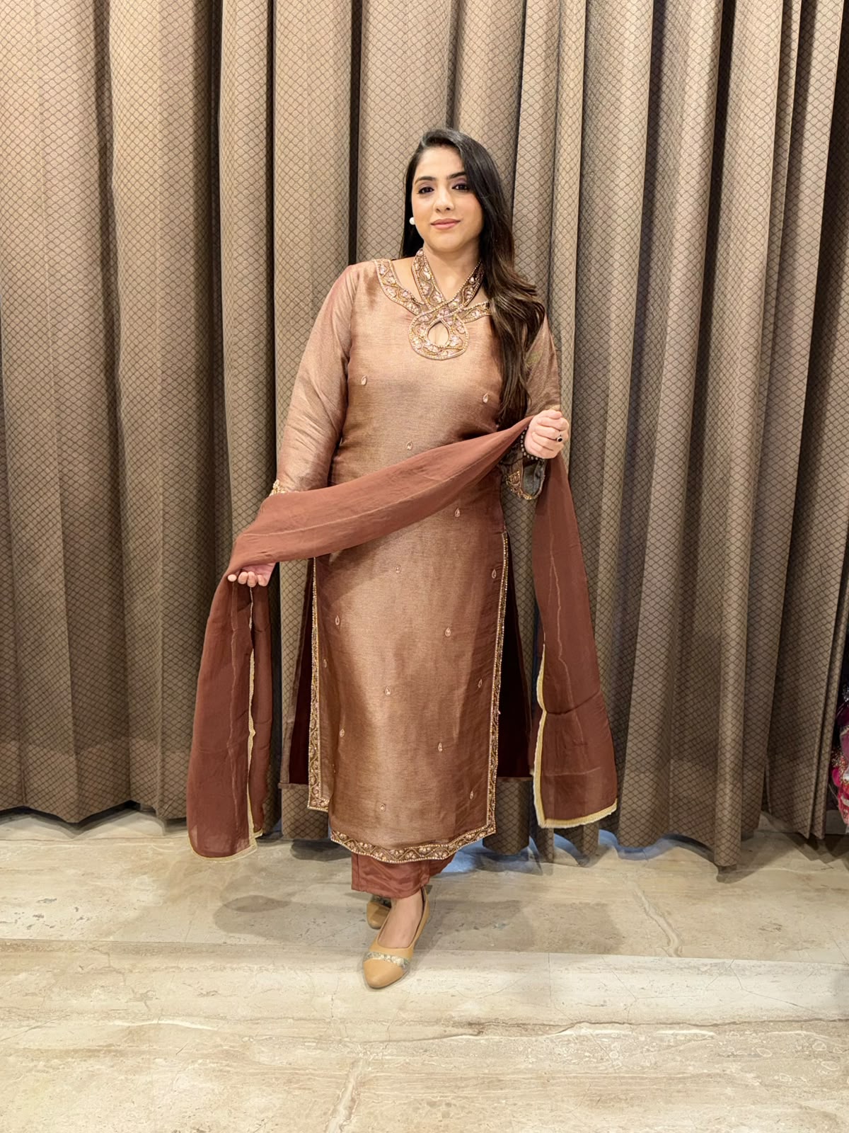 Luxurious Brown Straight suit set with designer neck and handwork
