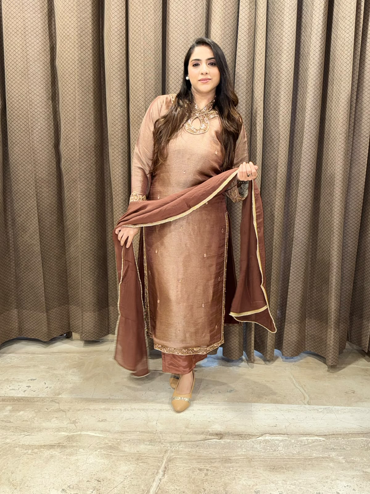 Luxurious Brown Straight suit set with designer neck and handwork