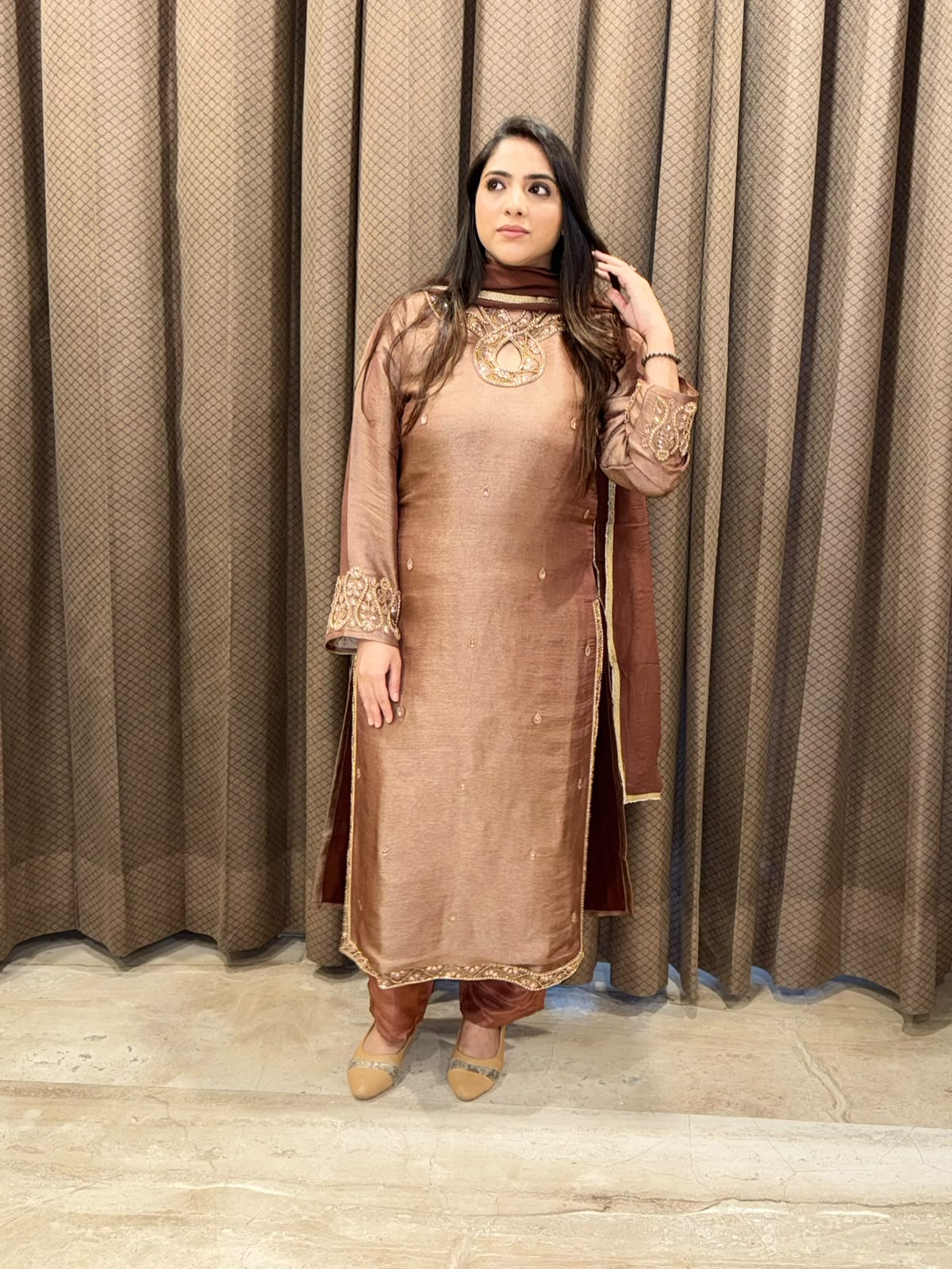 Luxurious Brown Straight suit set with designer neck and handwork