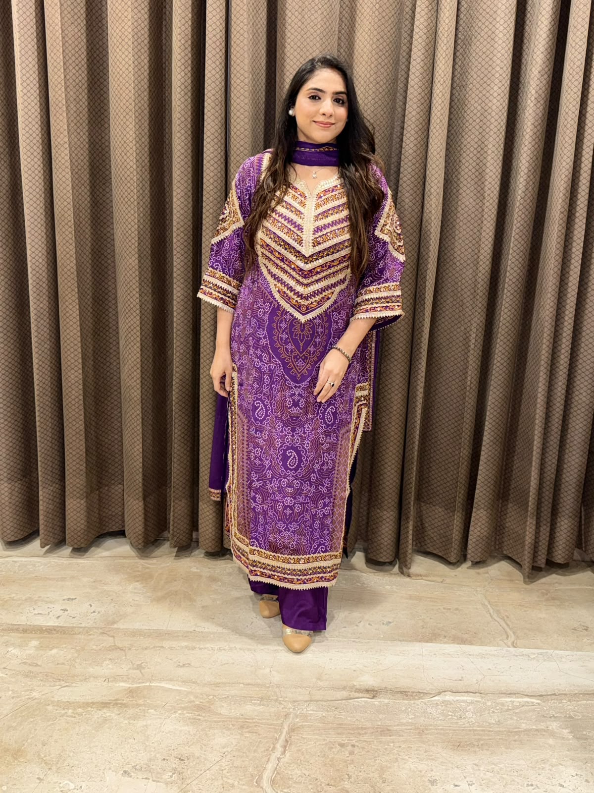 Designer Purple bandhani straight suit set with dupatta and handwork