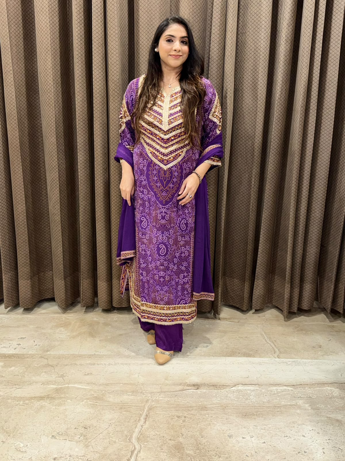 Designer Purple bandhani straight suit set with dupatta and handwork
