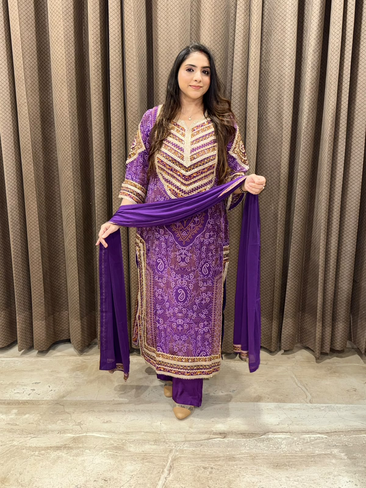 Designer Purple bandhani straight suit set with dupatta and handwork