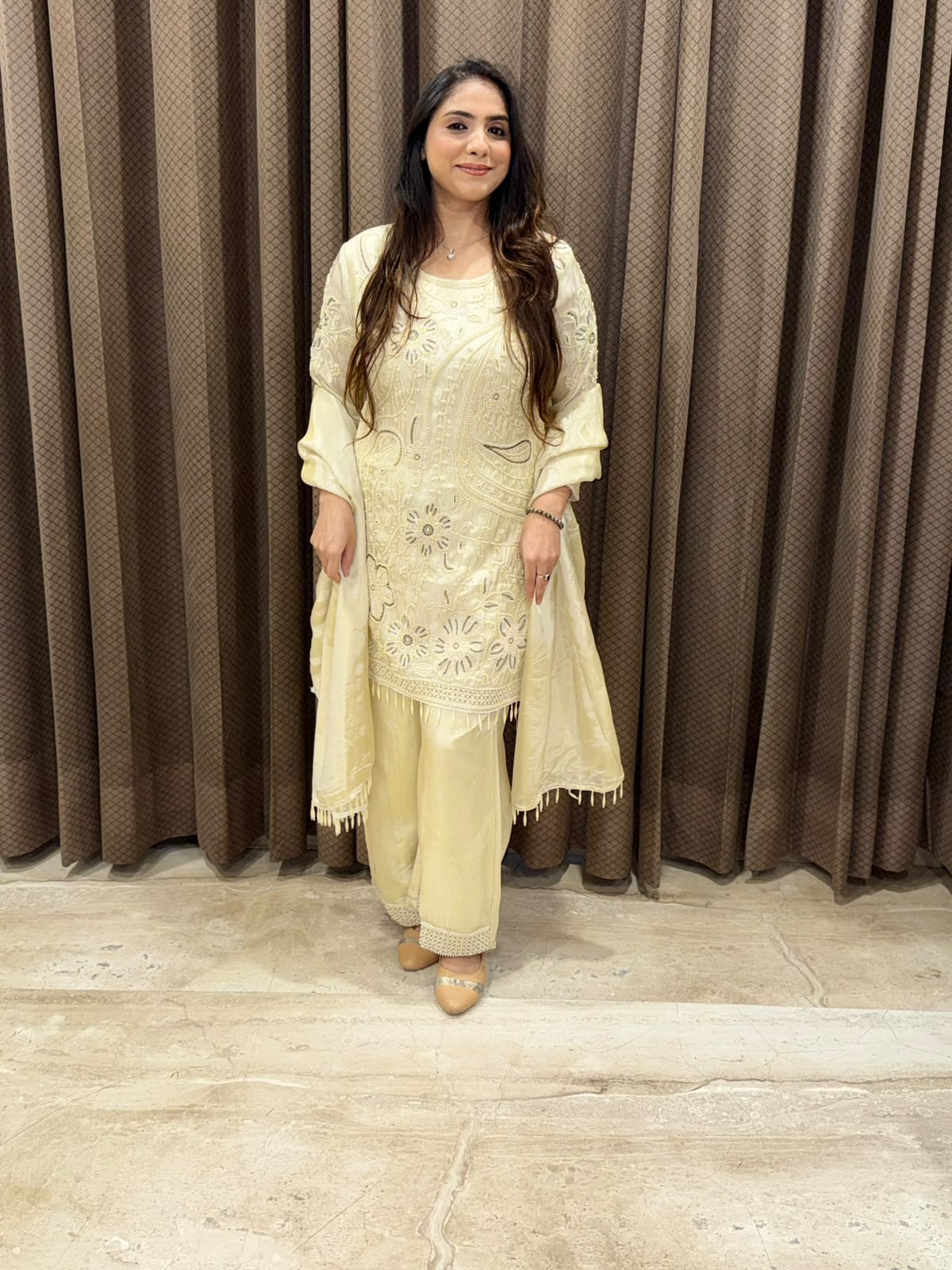 Designer Ivory sharara set with dupatta and pearl handwork