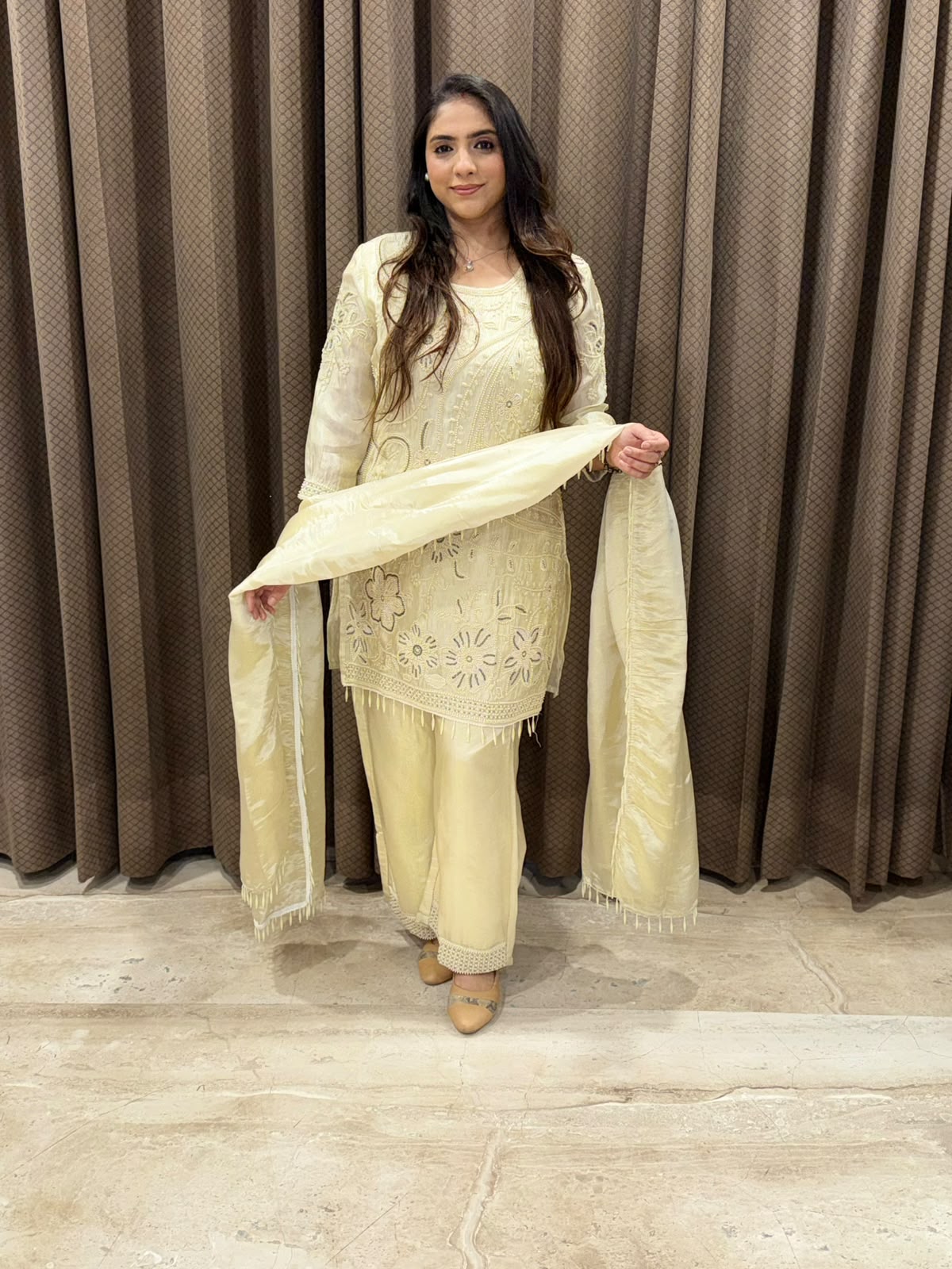 Designer Ivory sharara set with dupatta and pearl handwork