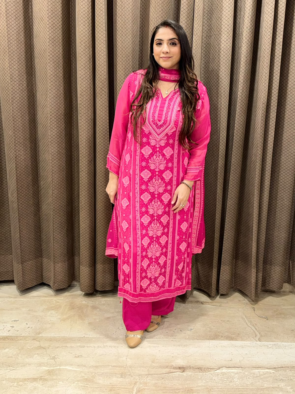 Elegant Pink Lucknawi suit set with dupatta & handwork