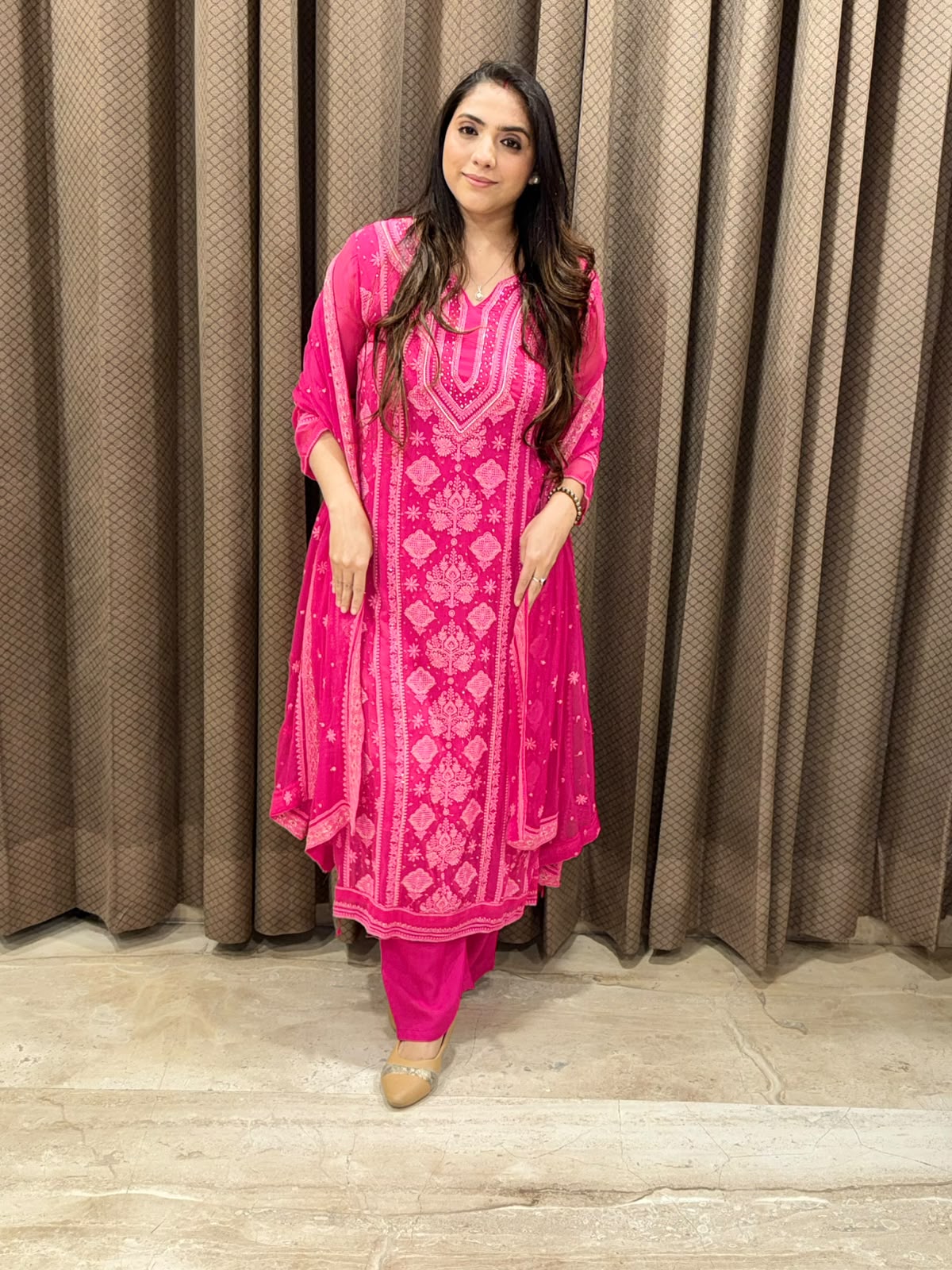 Elegant Pink Lucknawi suit set with dupatta & handwork