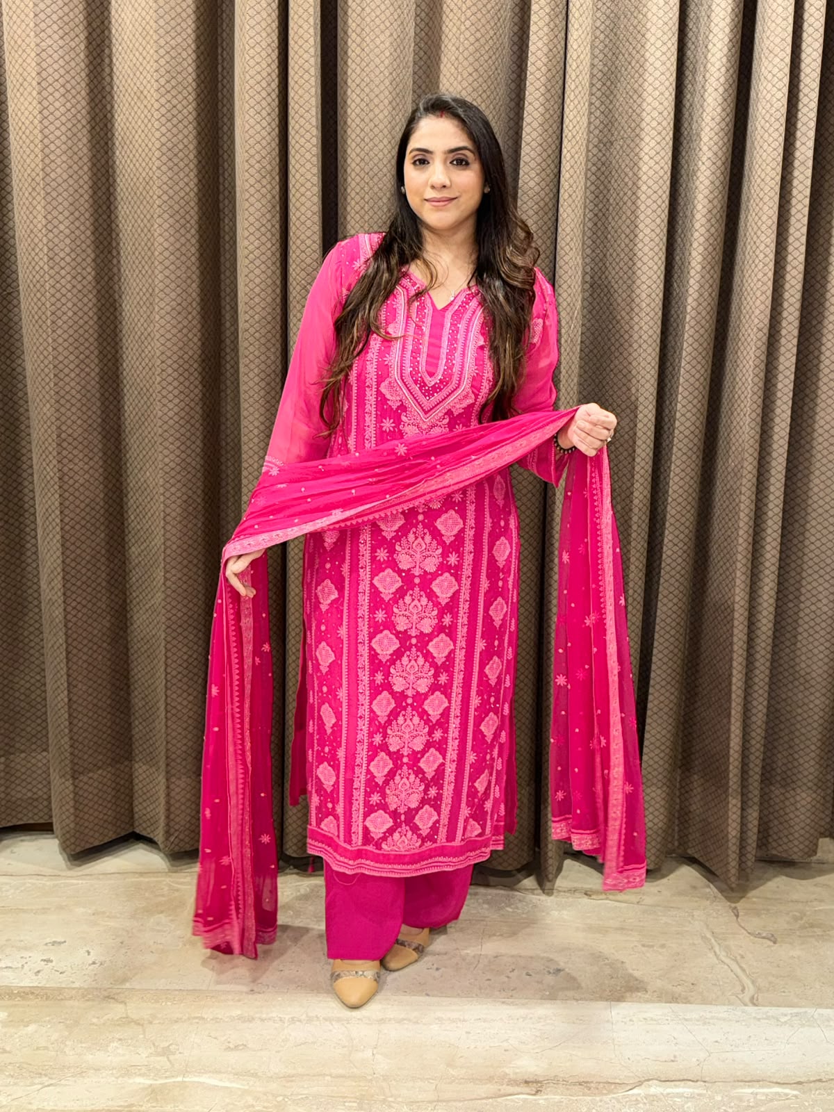 Elegant Pink Lucknawi suit set with dupatta & handwork