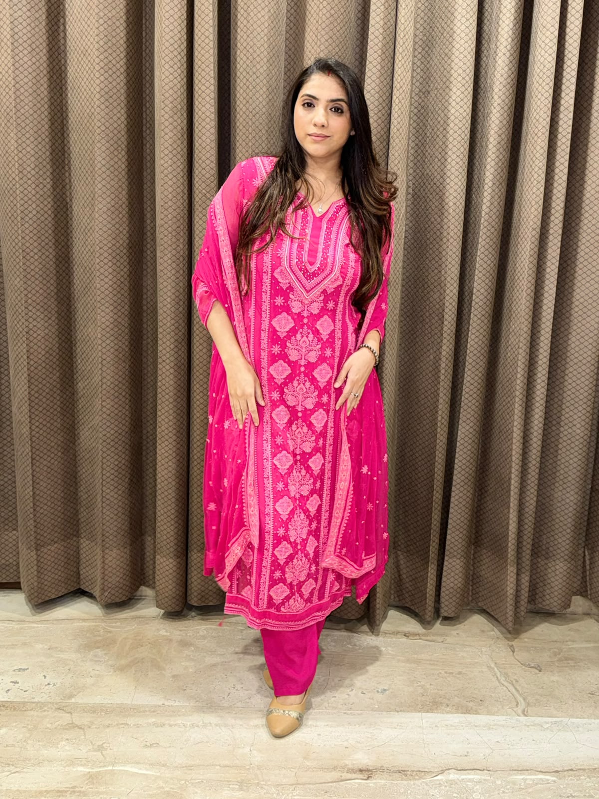 Elegant Pink Lucknawi suit set with dupatta & handwork
