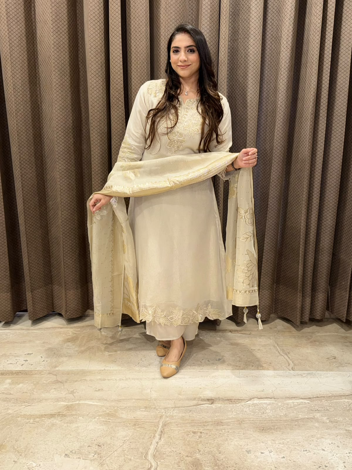 Designer Silver Aline suit set with heavy dupatta and handwork