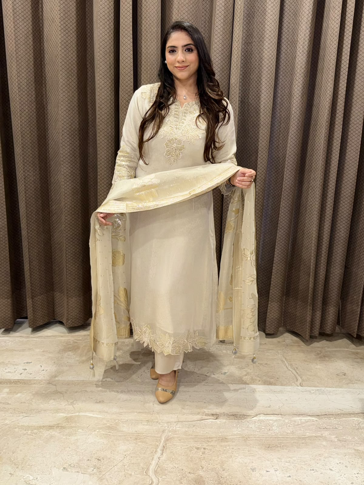 Designer Silver Aline suit set with heavy dupatta and handwork