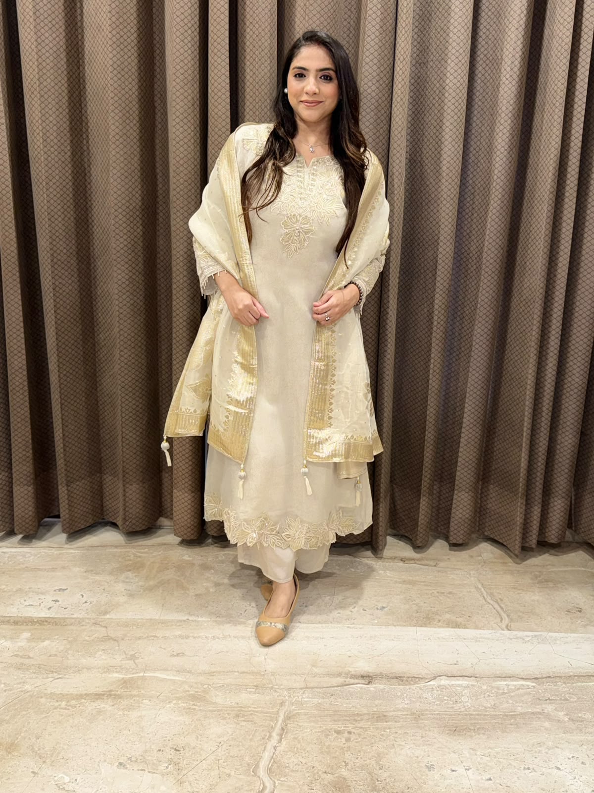 Designer Silver Aline suit set with heavy dupatta and handwork