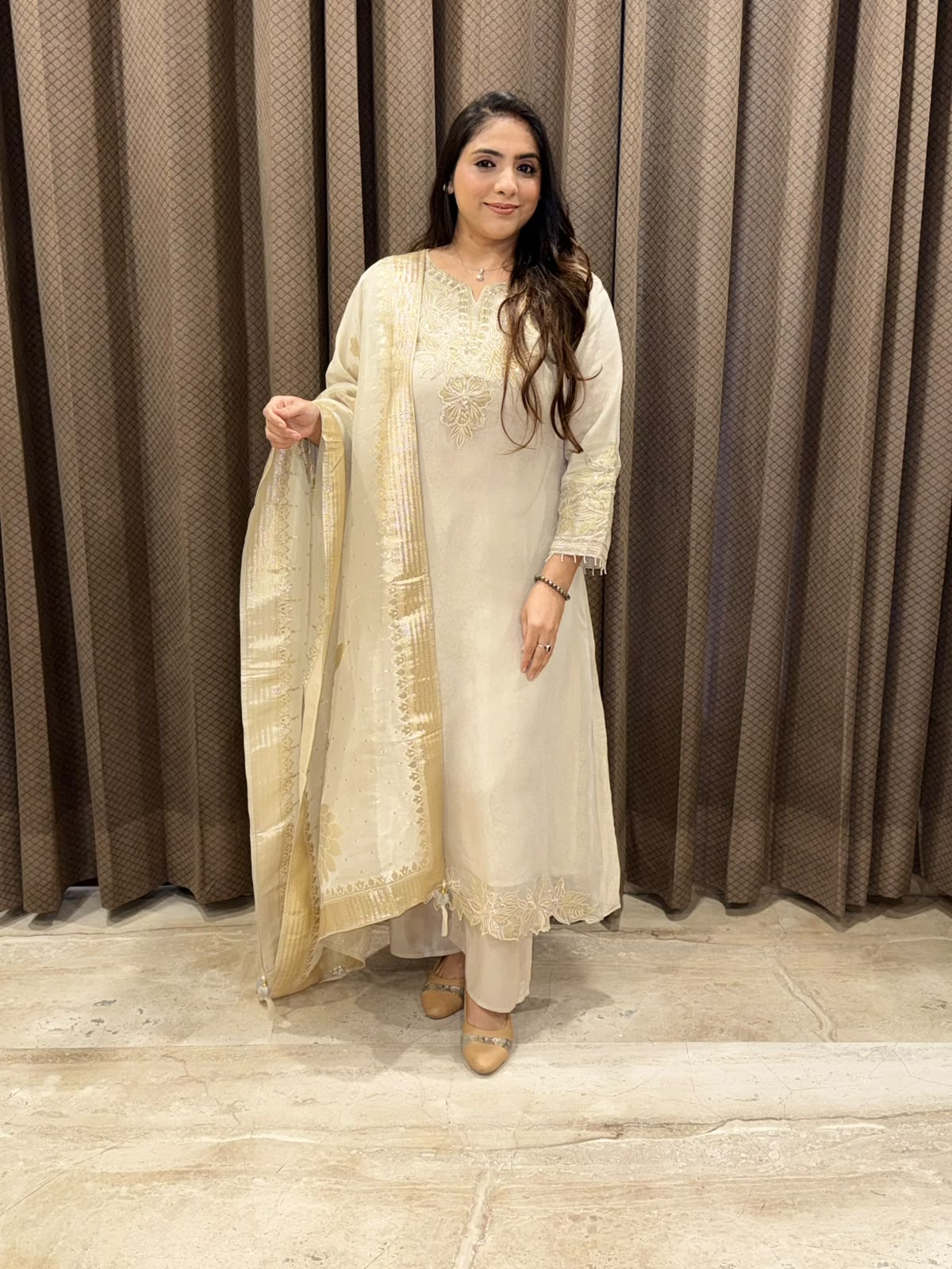 Designer Silver Aline suit set with heavy dupatta and handwork