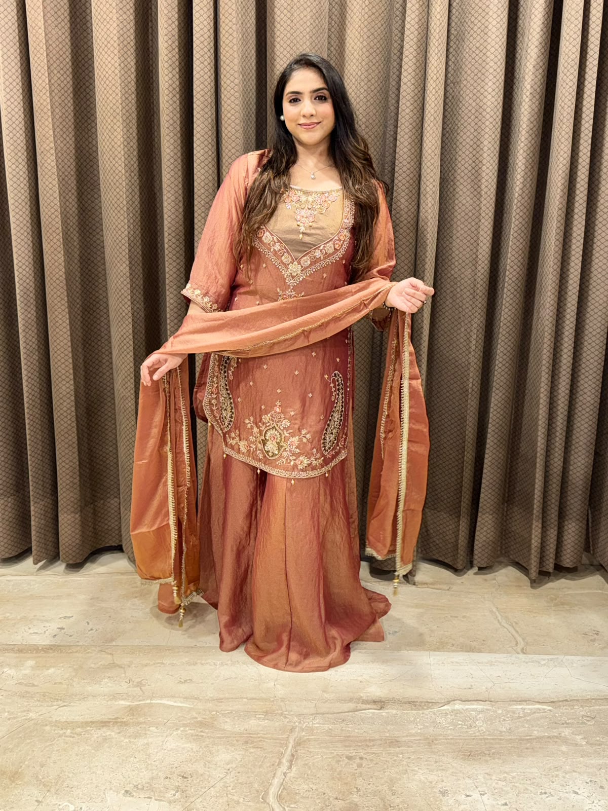 Designer Rust Contrast Sharara set with dupatta and handwork