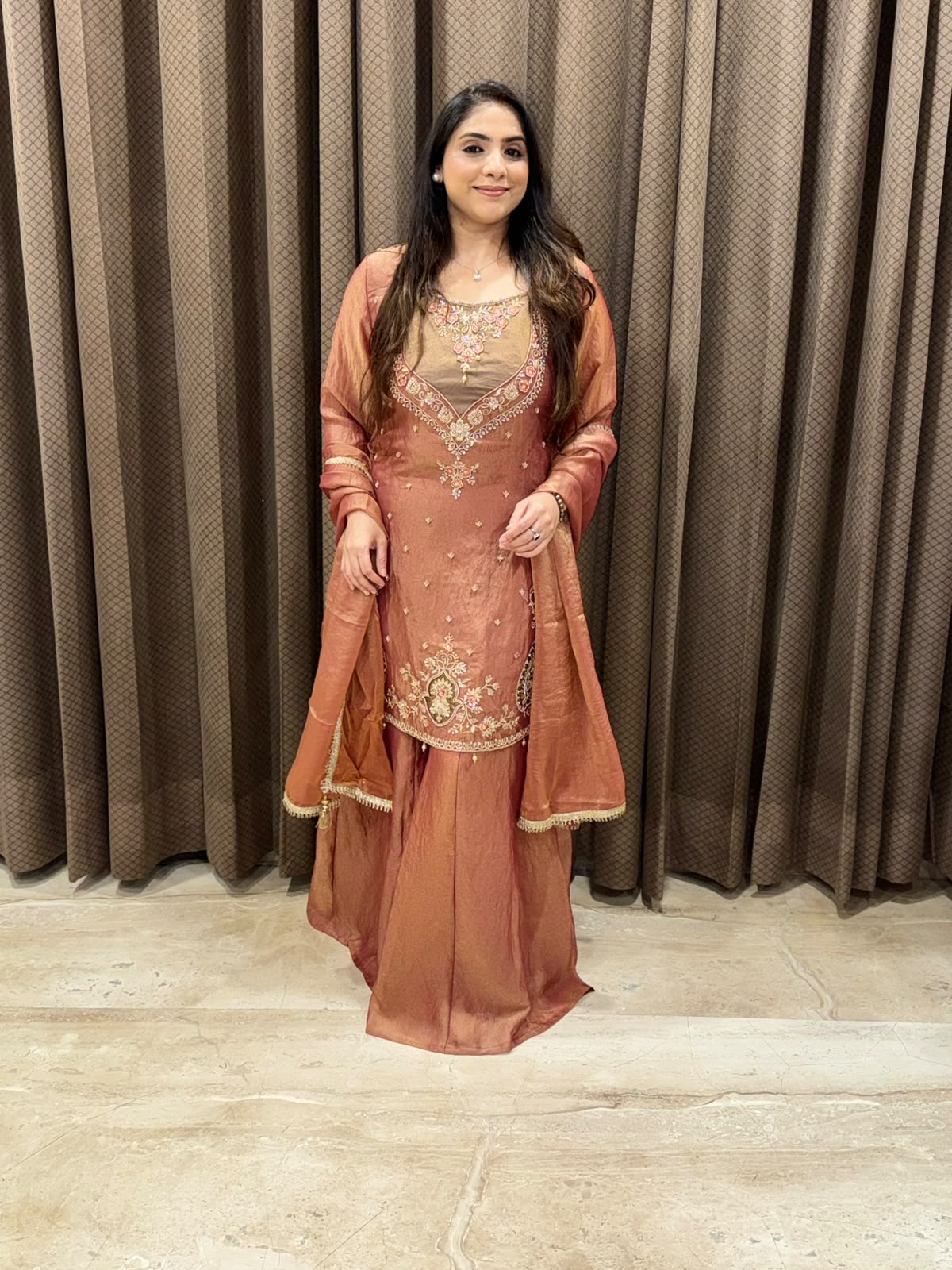 Designer Rust Contrast Sharara set with dupatta and handwork