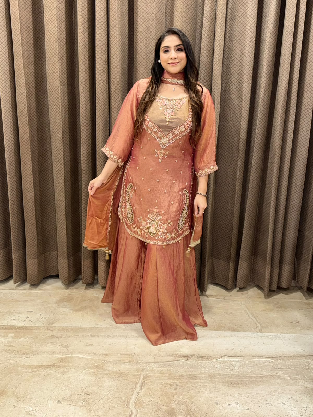 Designer Rust Contrast Sharara set with dupatta and handwork