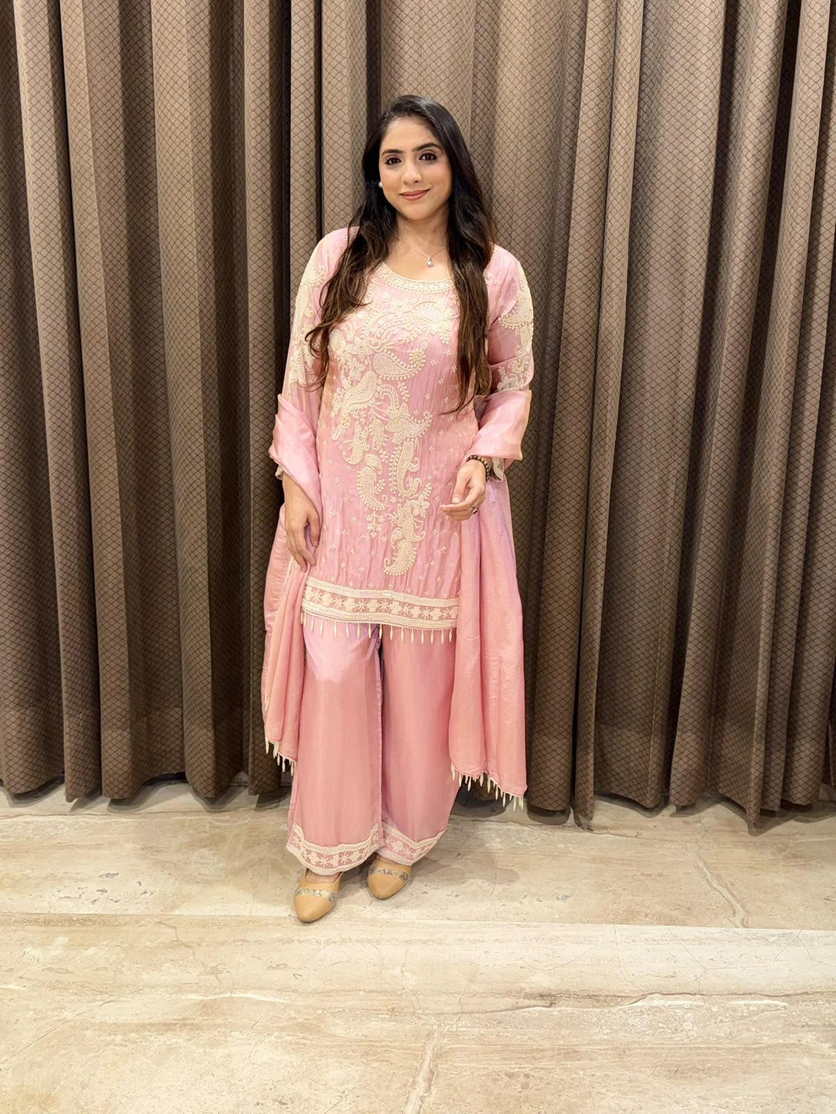 Designer Pink suit set with dupatta and pearl handwork