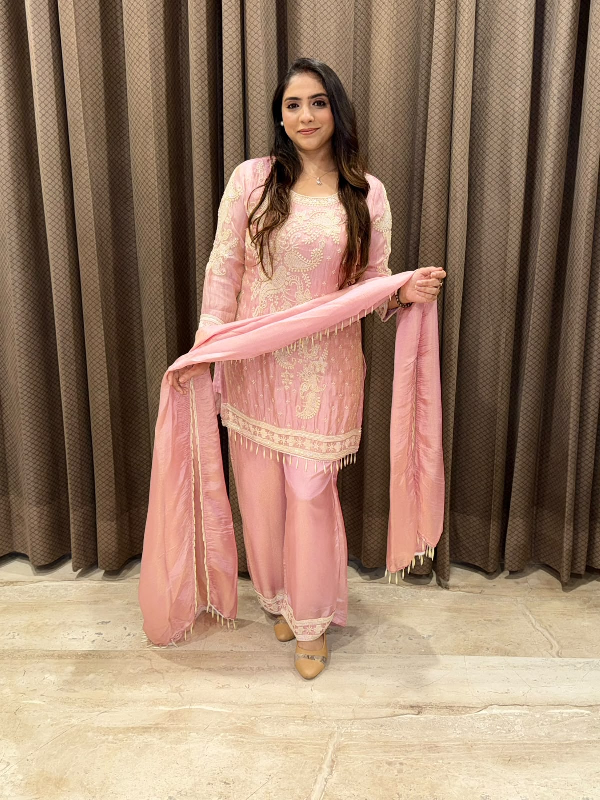 Designer Pink suit set with dupatta and pearl handwork
