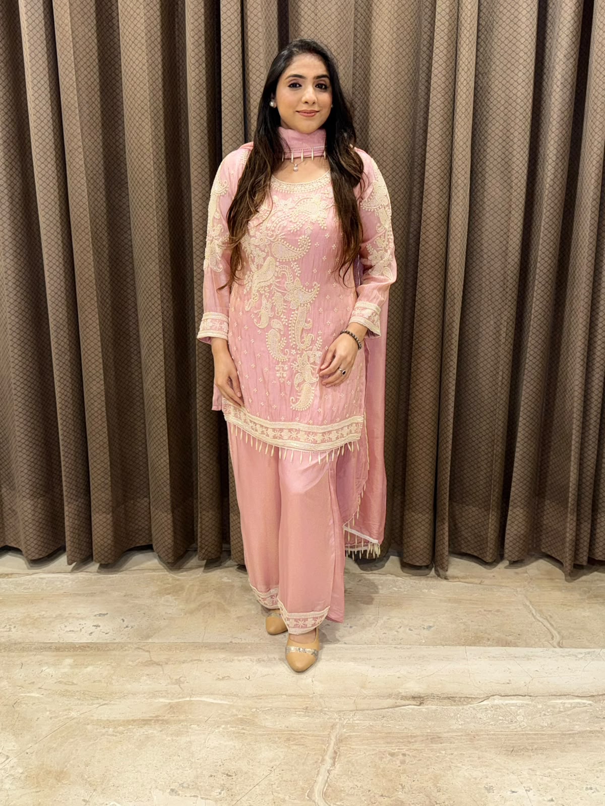 Designer Pink suit set with dupatta and pearl handwork