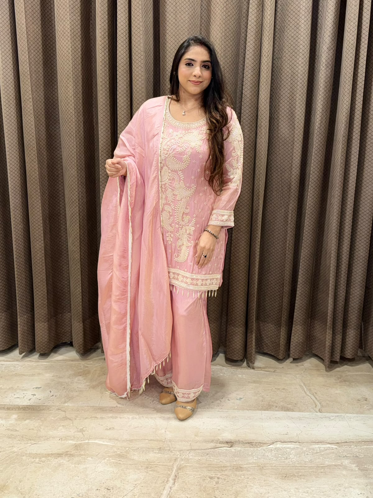 Designer Pink suit set with dupatta and pearl handwork