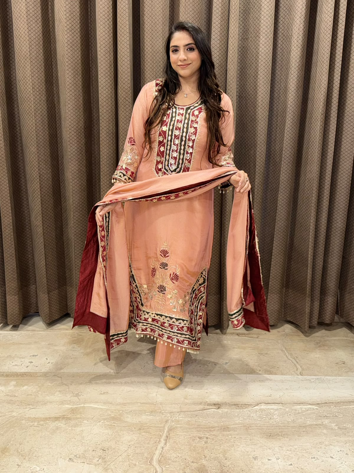Designer Peach long suit set with dupatta and handwork