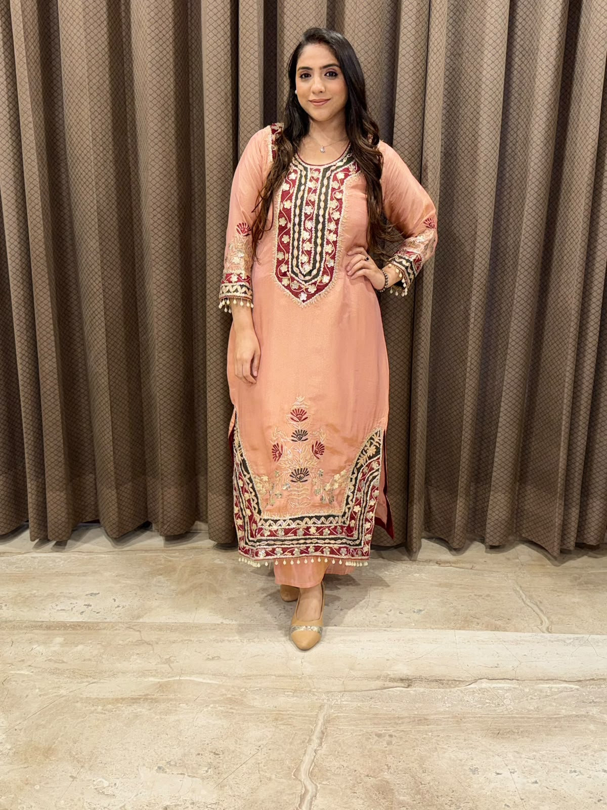 Designer Peach long suit set with dupatta and handwork
