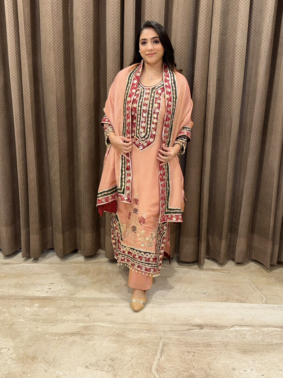Designer Peach long suit set with dupatta and handwork