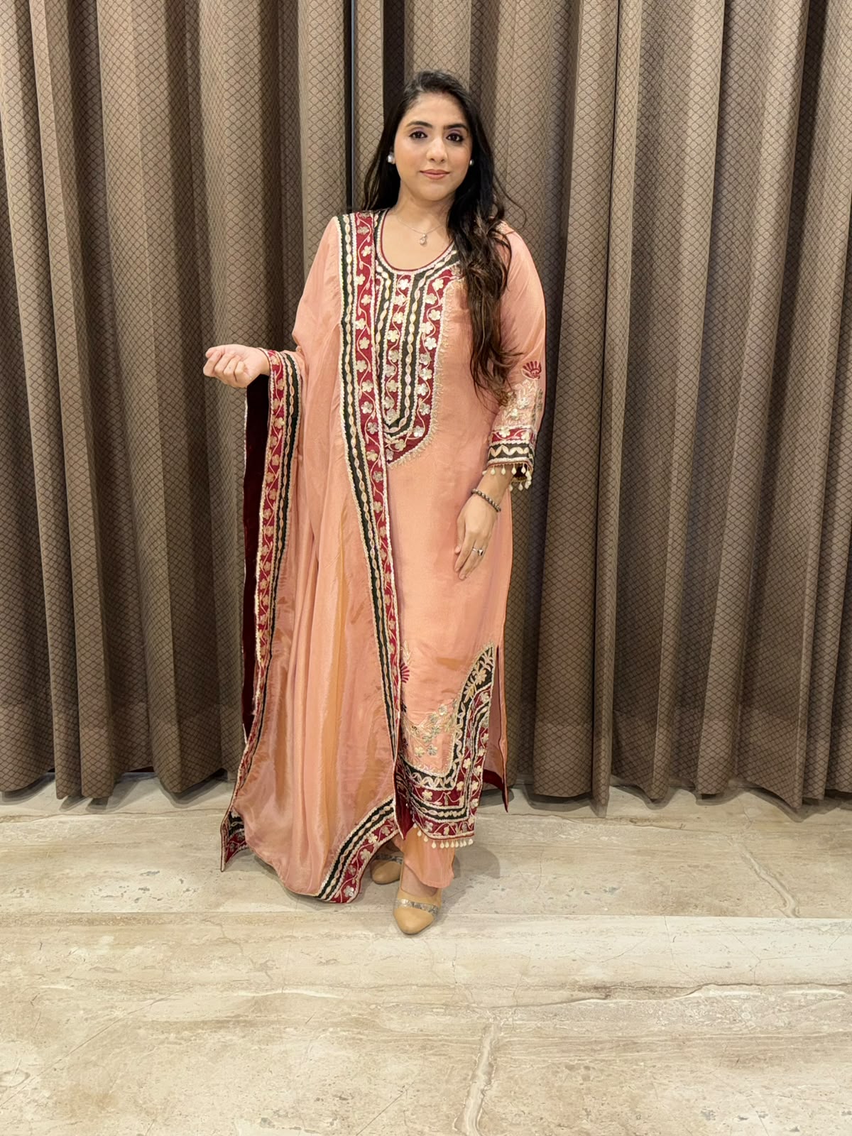 Designer Peach long suit set with dupatta and handwork