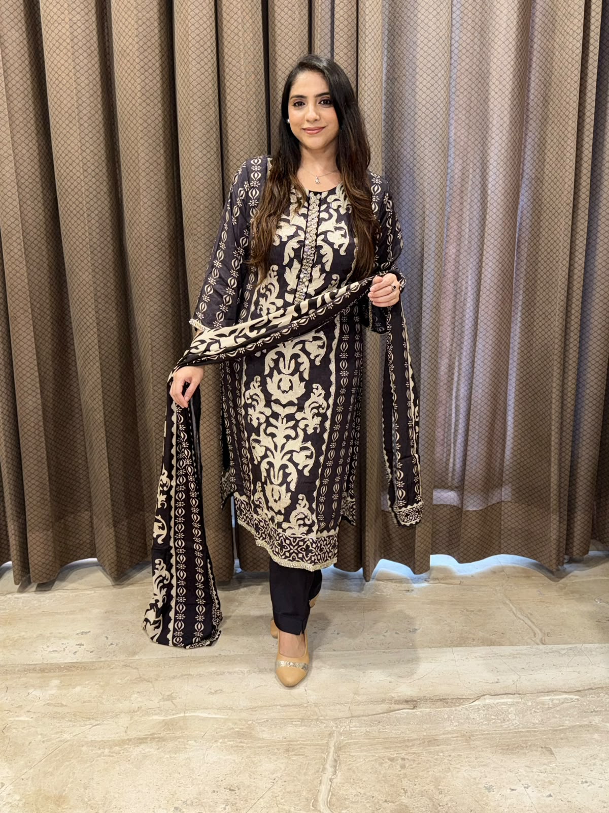 Designer Coffe Brown digital straight suit with dupatta and handwork