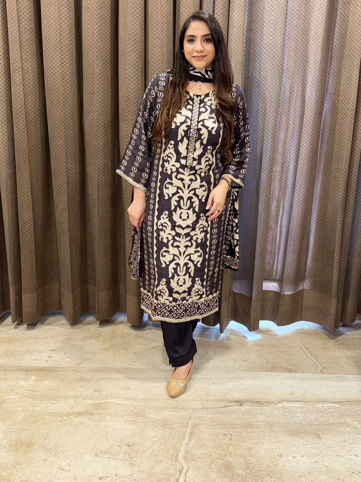 Designer Coffe Brown digital straight suit with dupatta and handwork