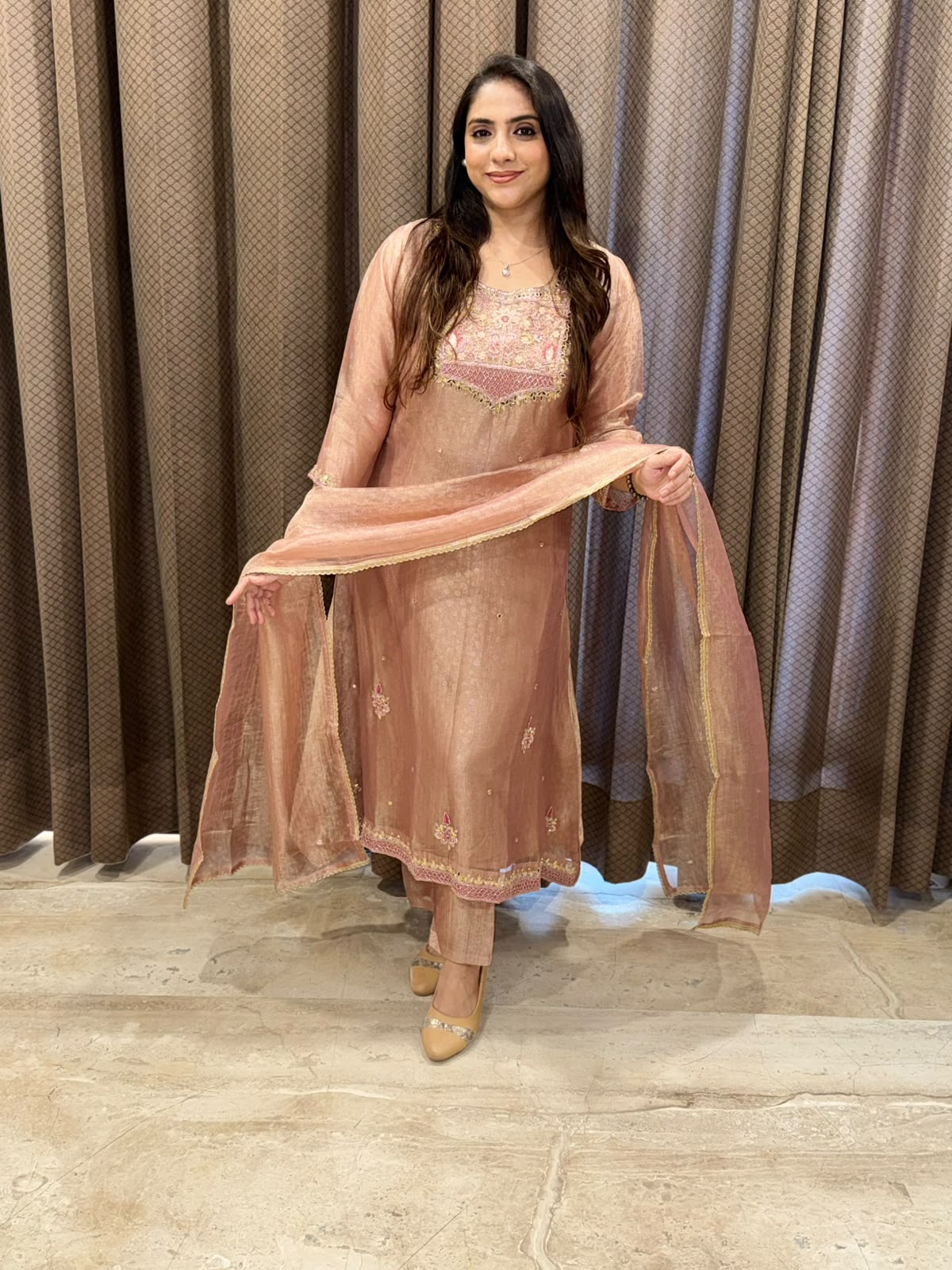 Designer Rose gold A line suit with dupatta and handwork