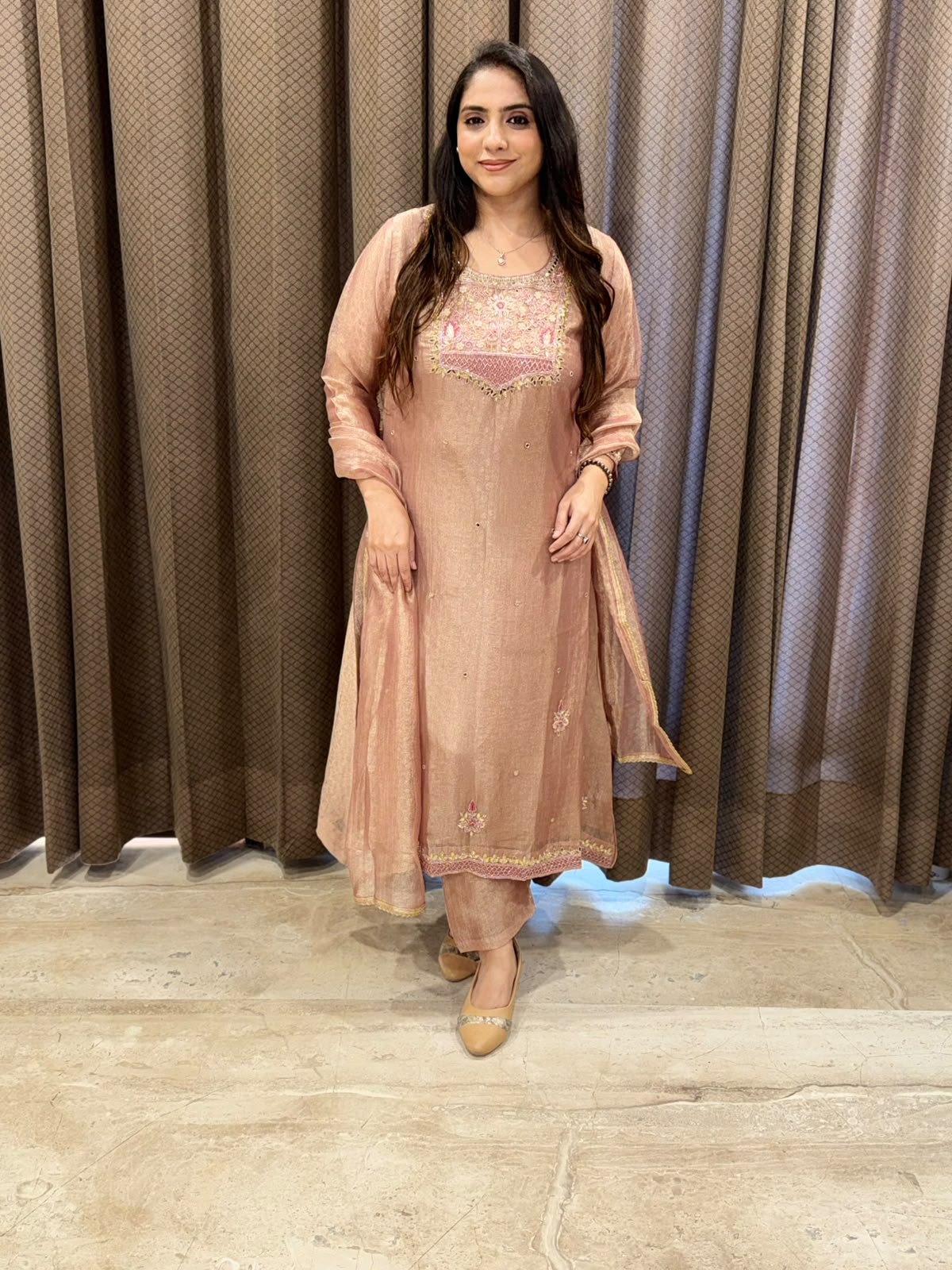 Designer Rose gold A line suit with dupatta and handwork