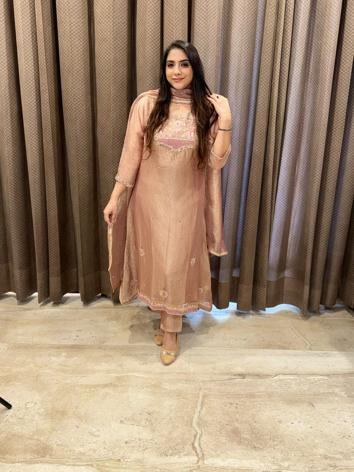 Designer Rose gold A line suit with dupatta and handwork