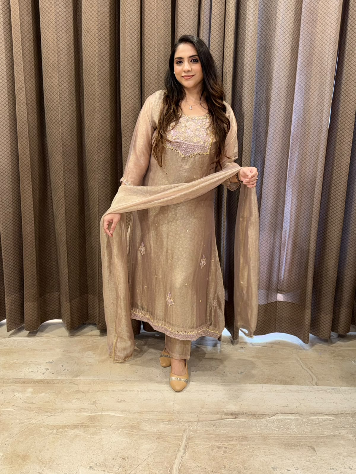 Designer Rose gold A line suit with dupatta and handwork