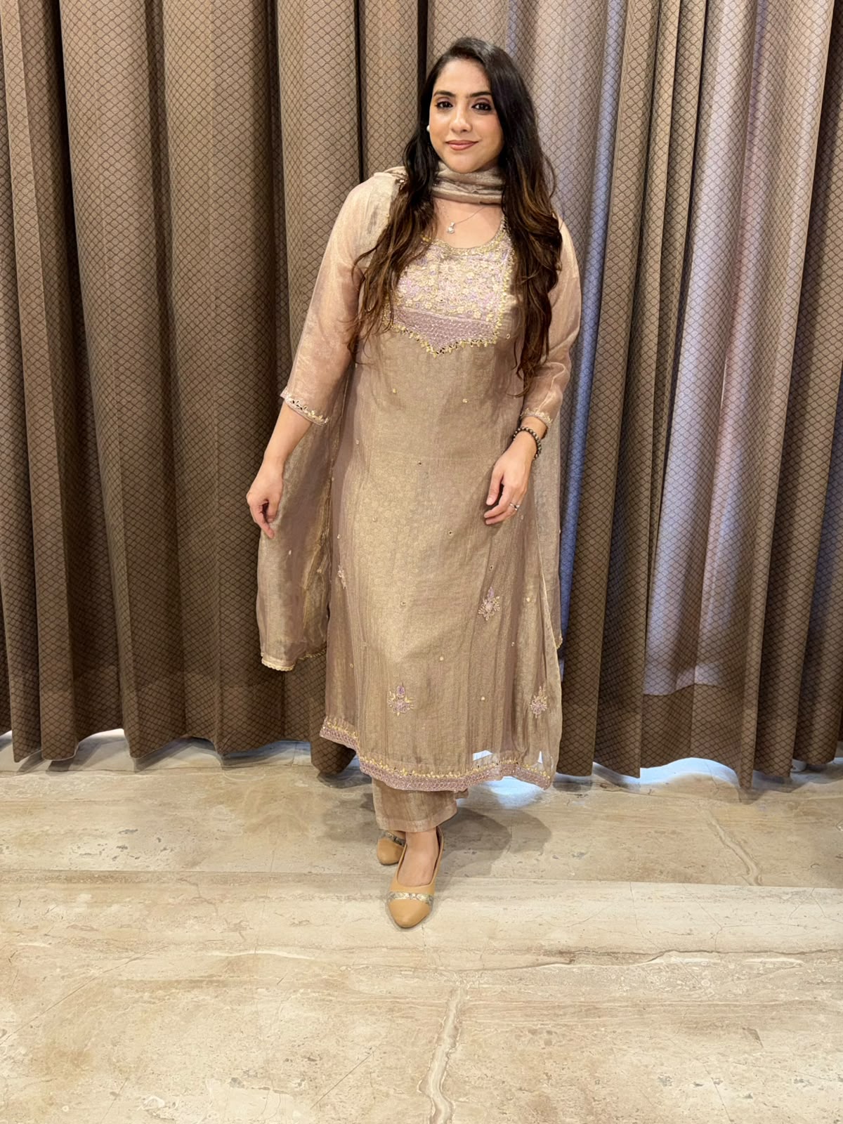Designer Rose gold A line suit with dupatta and handwork