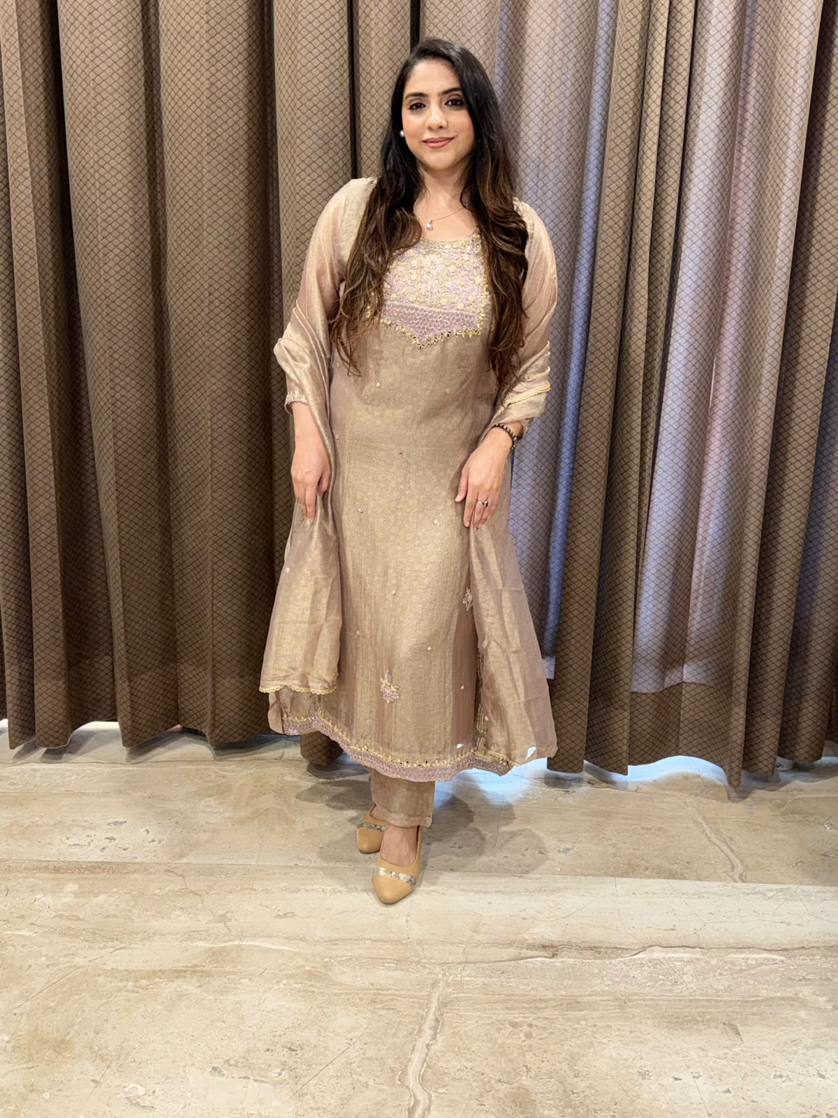 Designer Rose gold A line suit with dupatta and handwork