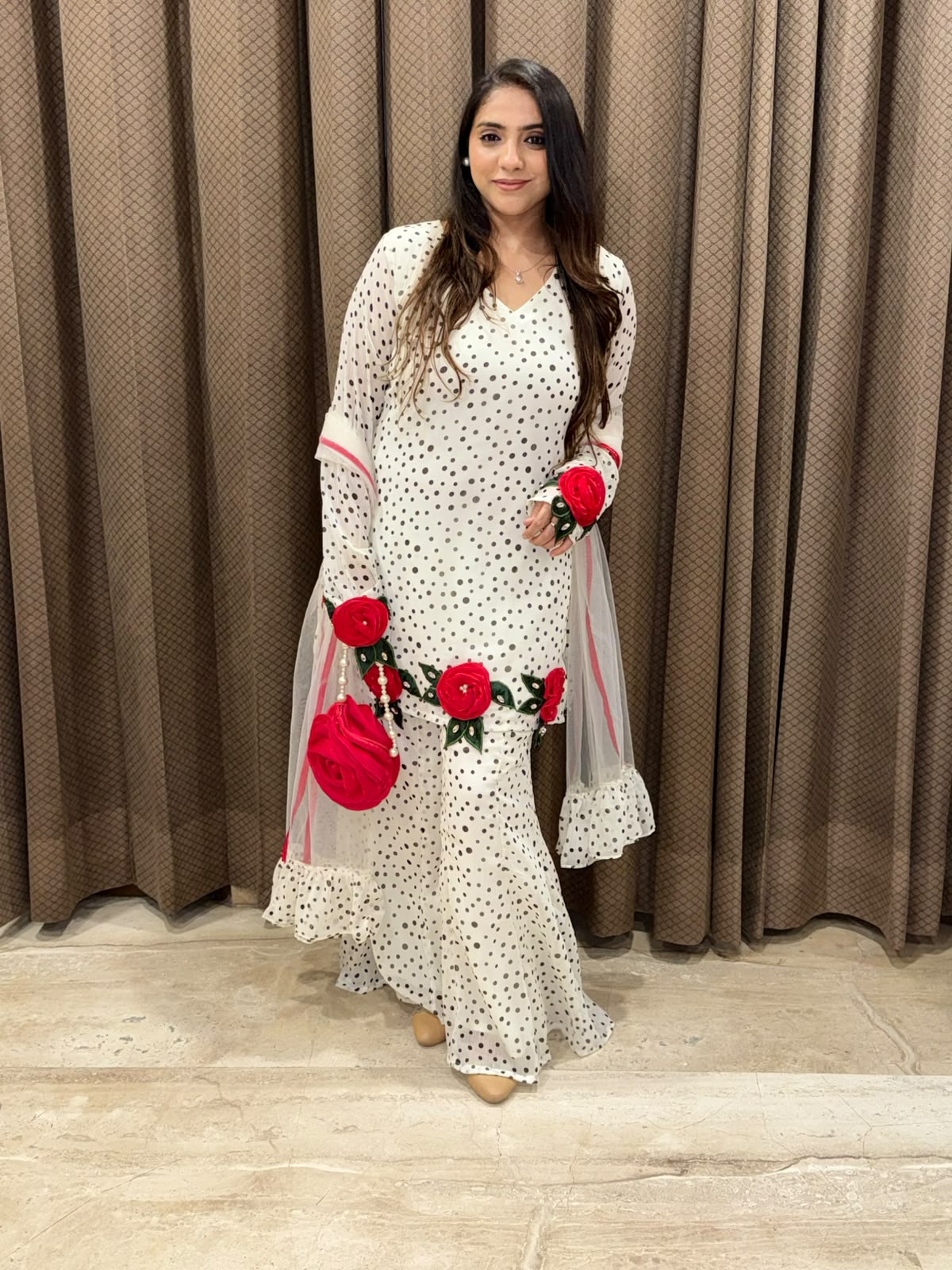 Exclusive White & black polka sharara set with flower handwork & bag