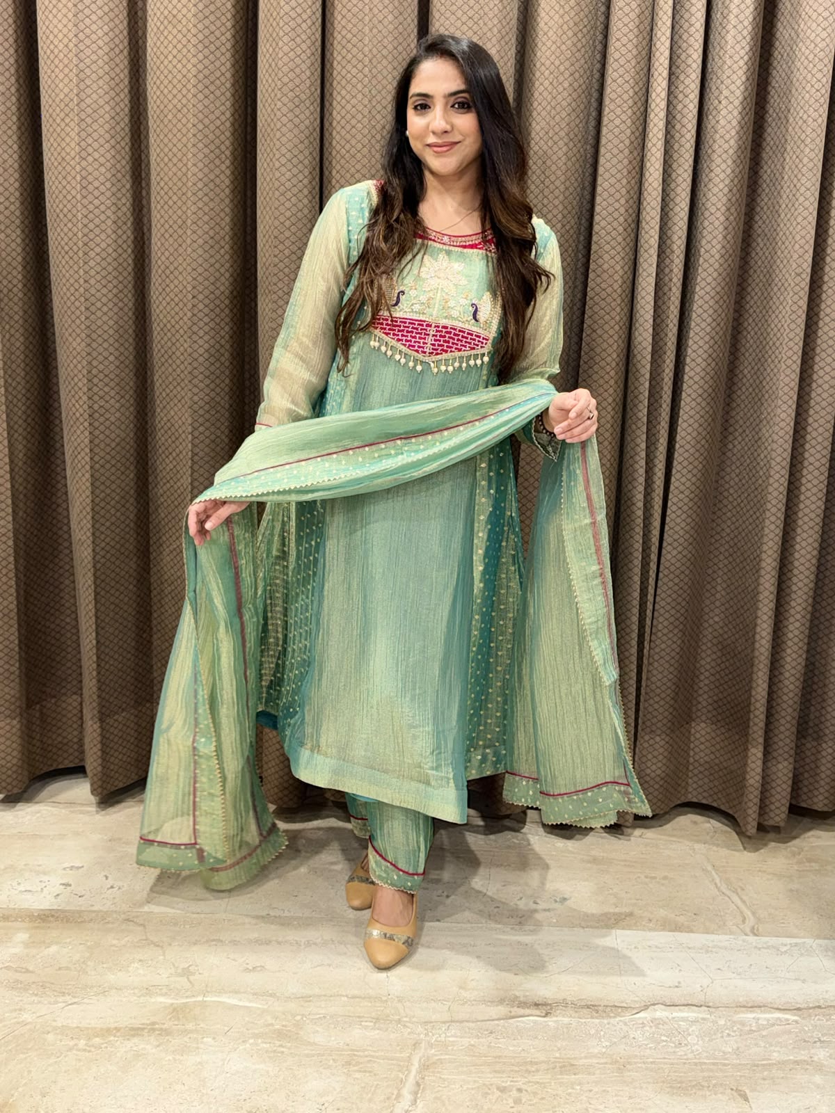 Designer Green A line suit with dupatta and handwork