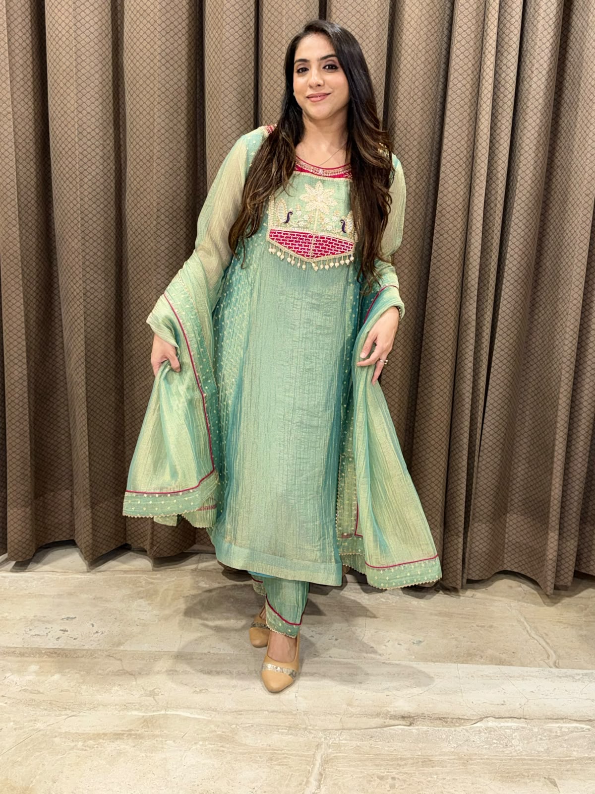 Designer Green A line suit with dupatta and handwork