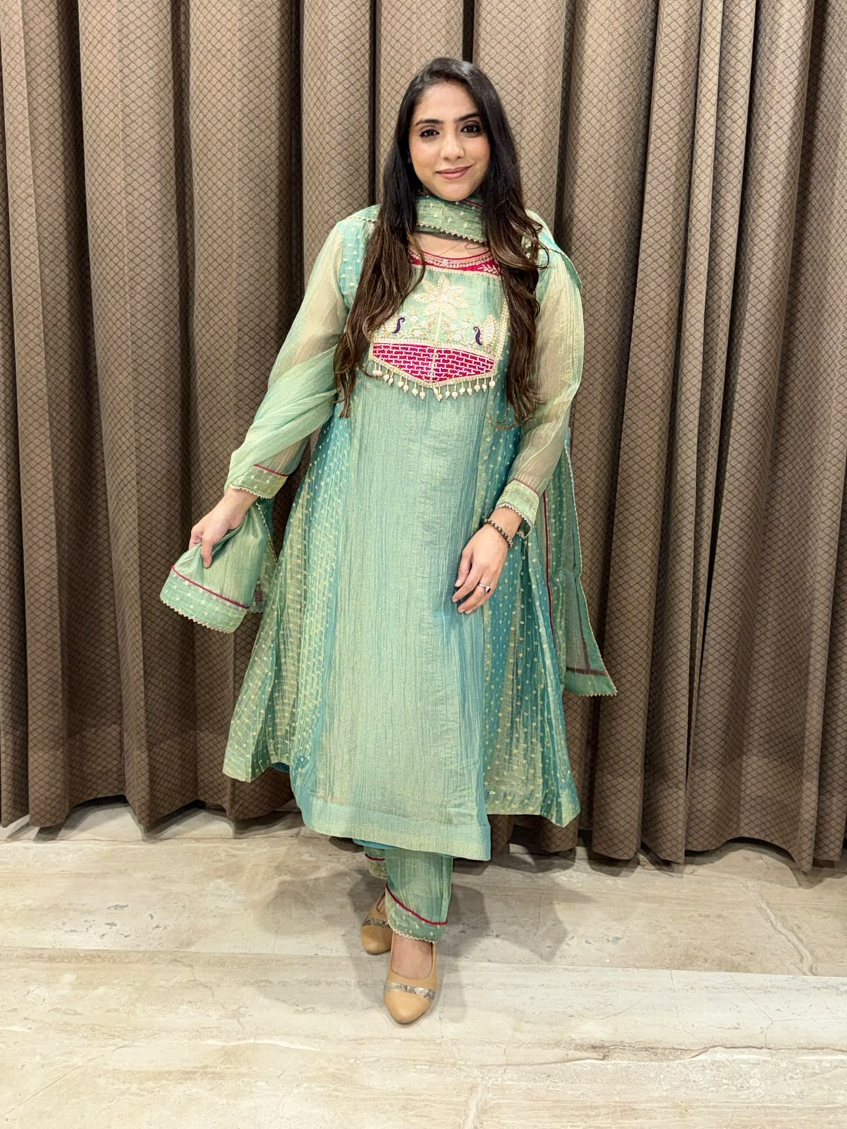 Designer Green A line suit with dupatta and handwork