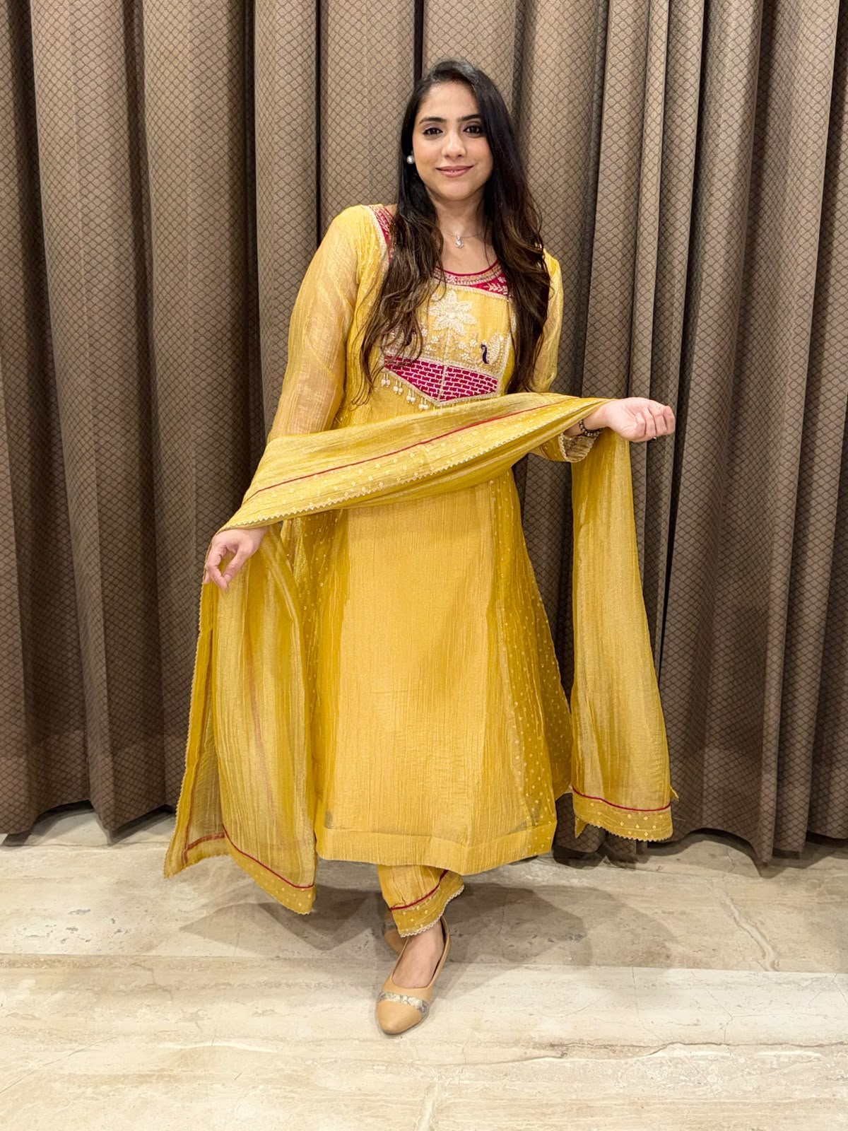 Designer Yellow A line suit with dupatta and handwork